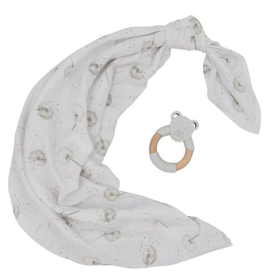 Shop Other Categories Living Textiles Baby Teethers | Living Textiles Muslin Swaddle & Teether Gift Set Dandelion/Grey