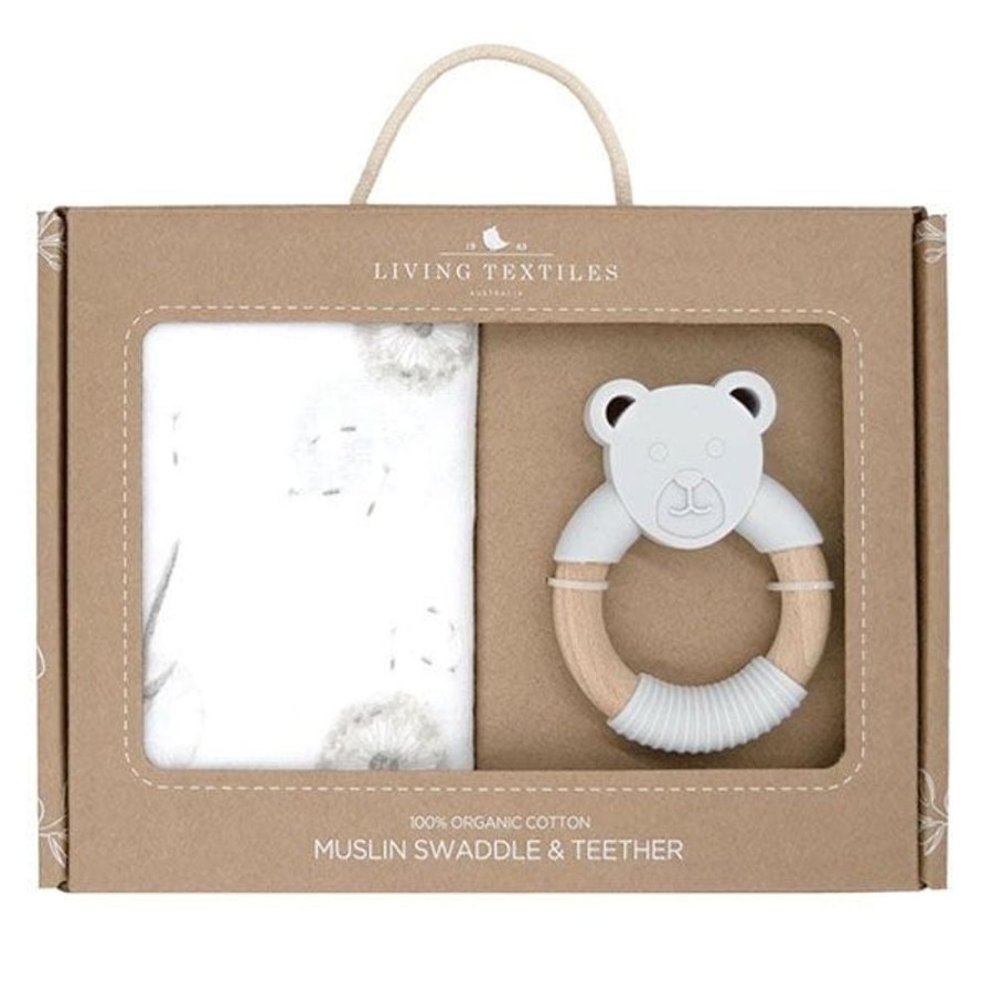 Shop Other Categories Living Textiles Baby Teethers | Living Textiles Muslin Swaddle & Teether Gift Set Dandelion/Grey