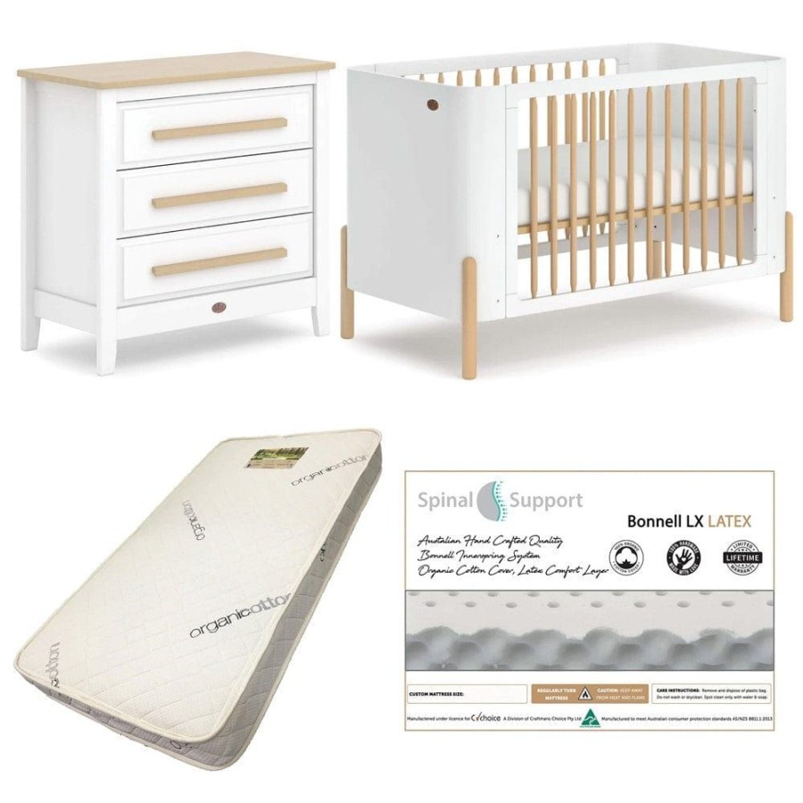 Nursery Furniture Boori | Boori Nova Cot (Barley And Beech) And Linear Chest (Barley And Almond) Package + Bonnell Organic Latex Mattress Barley/Beech