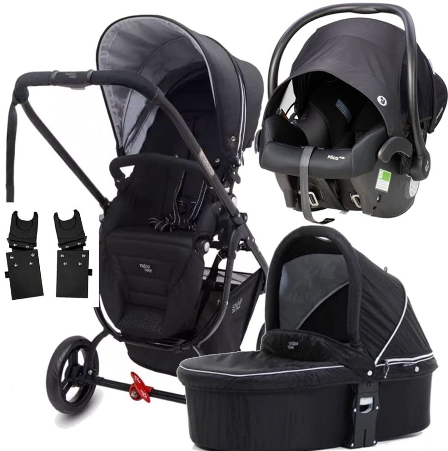 Prams & Strollers Valco Baby | Valco Baby Snap Ultra P Pram + Q Bassinet (Midnight Black) With Maxi Cosi Mico Isofix Capsule (Onyx) + Valco Adapter Black/Grey