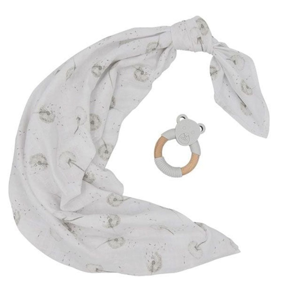 Shop Other Categories Living Textiles Swaddles & Baby Wraps | Living Textiles Muslin Swaddle & Teether Gift Set Dandelion/Grey