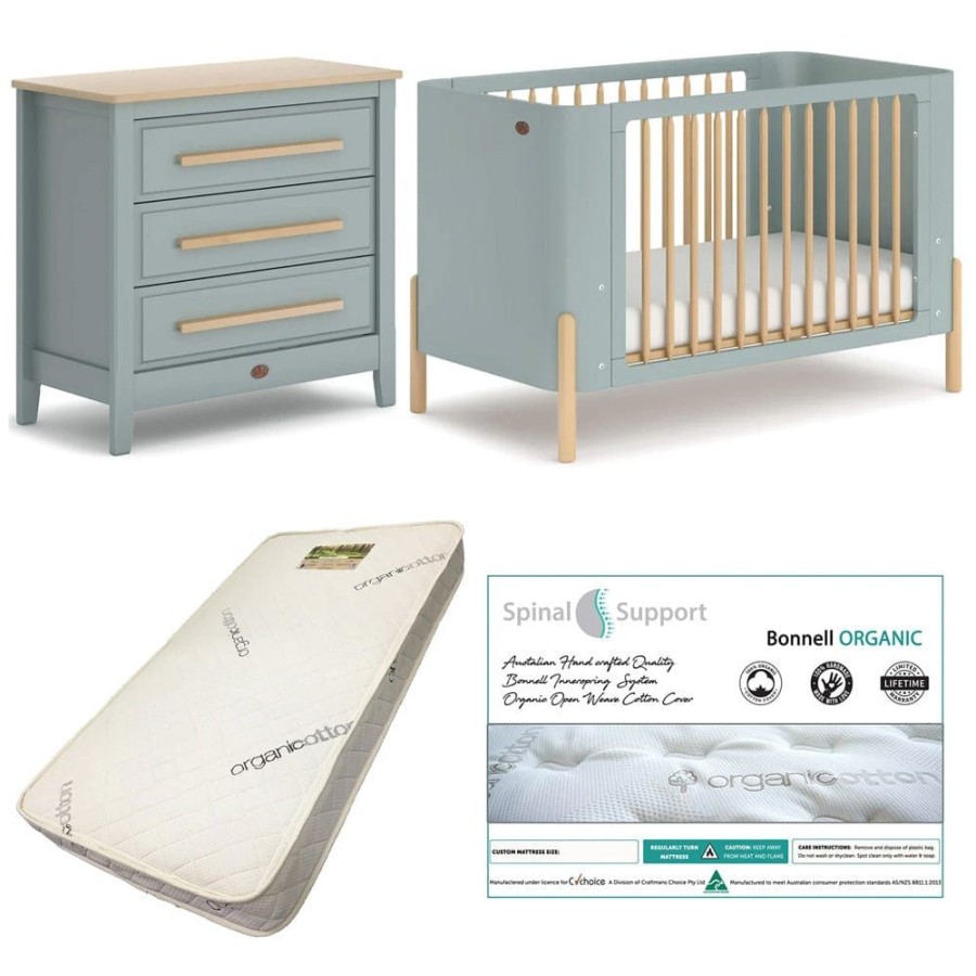 Nursery Furniture Boori | Boori Nova Cot (Blueberry And Beech) And Linear Chest (Blueberry And Almond) Package + Bonnell Organic Mattress Blueberry/Beech