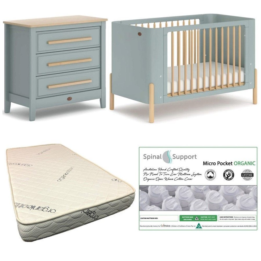 Nursery Furniture Boori | Boori Nova Cot (Blueberry And Beech) And Linear Chest (Blueberry And Almond) Package + Bonnell Organic Micro Pocket Mattress Blueberry/Beech