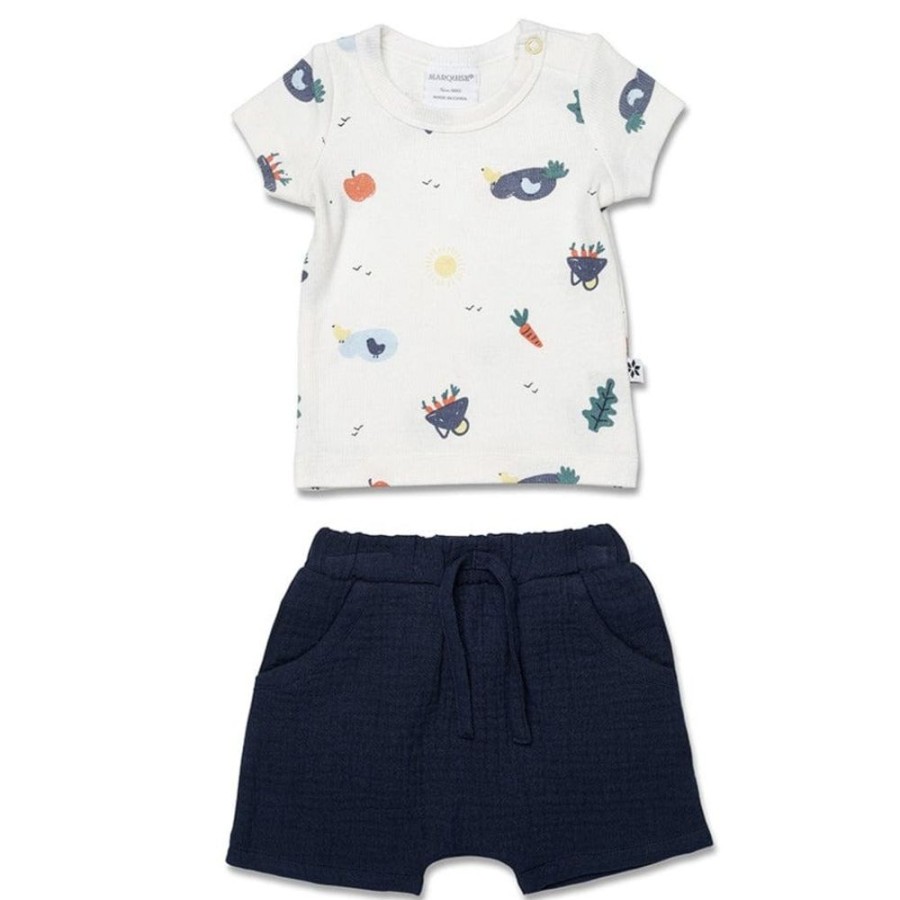 Shop Other Categories Marquise Baby Clothing & Gifts | Marquise Short Sleeve Ribbed T-Shirt And Muslin Shorts 0 Garden/Navy