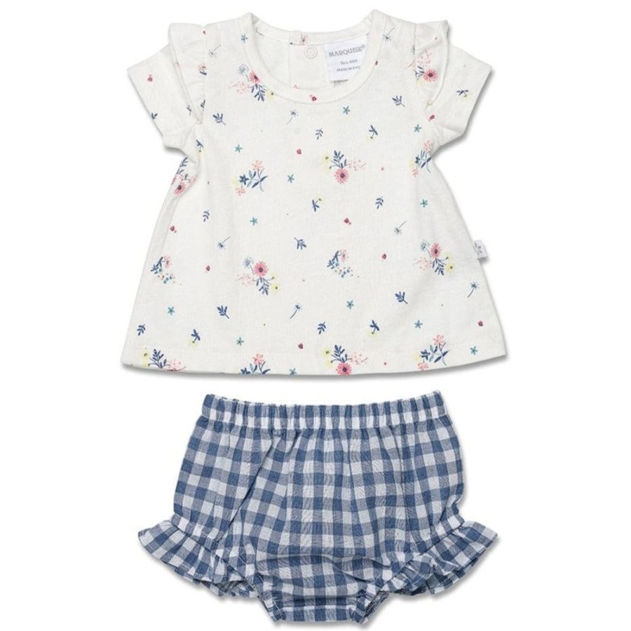 Shop Other Categories Marquise Baby Clothing & Gifts | Marquise Short Sleeve Jersery Top With Gingham Shorts 0 Flower