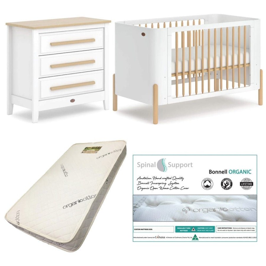 Nursery Furniture Boori | Boori Nova Cot (Barley And Beech) And Linear Chest (Barley And Almond) Package + Bonnell Organic Mattress Barley/Beech