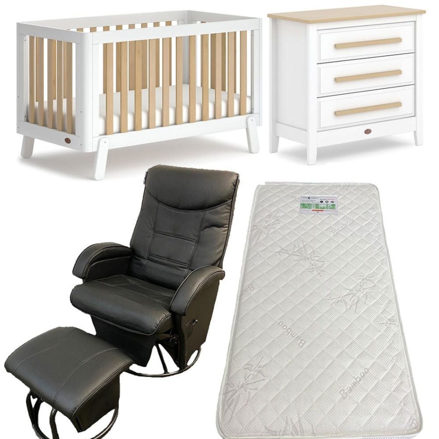 Nursery Furniture Boori | Boori Turin Cot And Linear Chest With Ambrosia Glider Chair + Bonnell Bamboo Mattress Barley/Almond