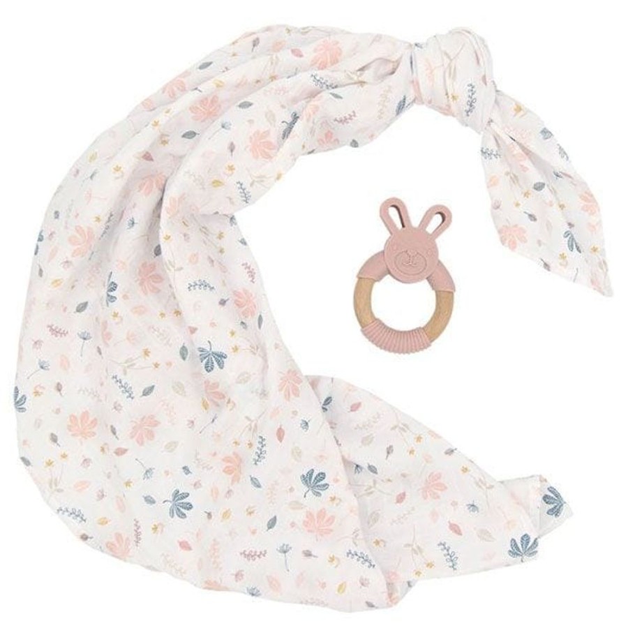 Shop Other Categories Living Textiles Swaddles & Baby Wraps | Living Textiles Muslin Swaddle & Teether Gift Set Botanical/Blush