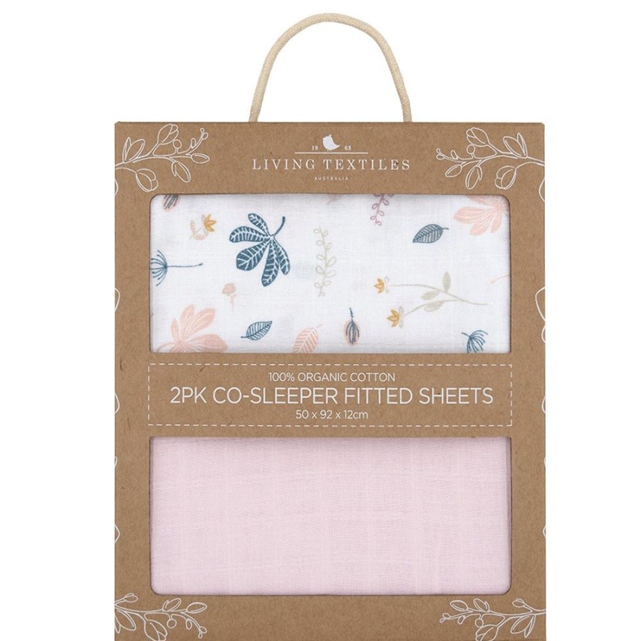 Shop Other Categories Living Textiles Bassinet & Cot Linen | Living Textiles 2-Pack Muslin Cradle/Co-Sleeper Fitted Sheet Botanical/Blush