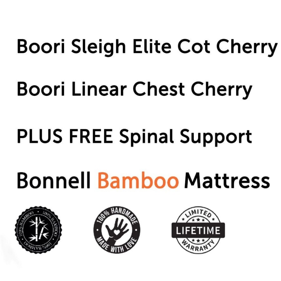 Nursery Furniture Boori | Boori Sleigh Elite Cot, Linear Chest And Almond + Bonnell Bamboo Mattress Package Cherry