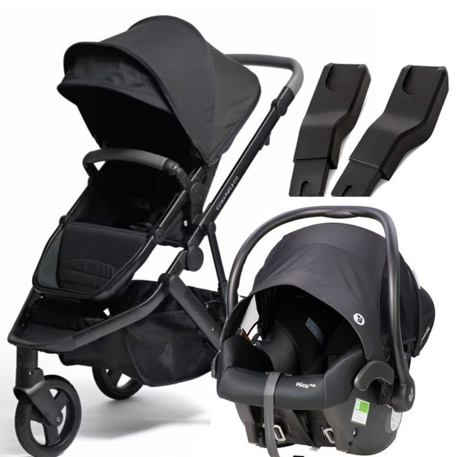 Prams & Strollers Edwards and Co | Edwards & Co Oscar M2 Pram ( ) + Mico Plus Isofix Capsule (Onyx) With Free Stroller Board Valued At $199 Black Luxe