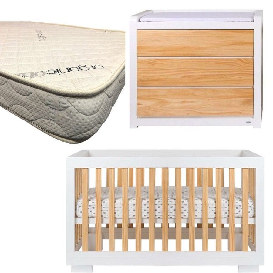 Nursery Furniture Cocoon | Cocoon Luxe Cot And Dresser + Micro Pocket Organic Mattress Natural White