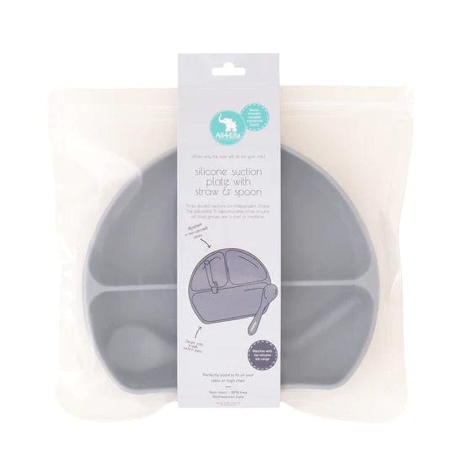 Shop Other Categories All4Ella Feeding Accessories | All4Ella Silicone Plate With Straw & Spoon Grey