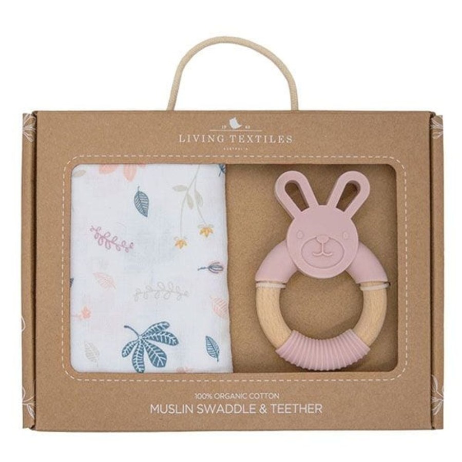 Shop Other Categories Living Textiles Baby Teethers | Living Textiles Muslin Swaddle & Teether Gift Set Botanical/Blush