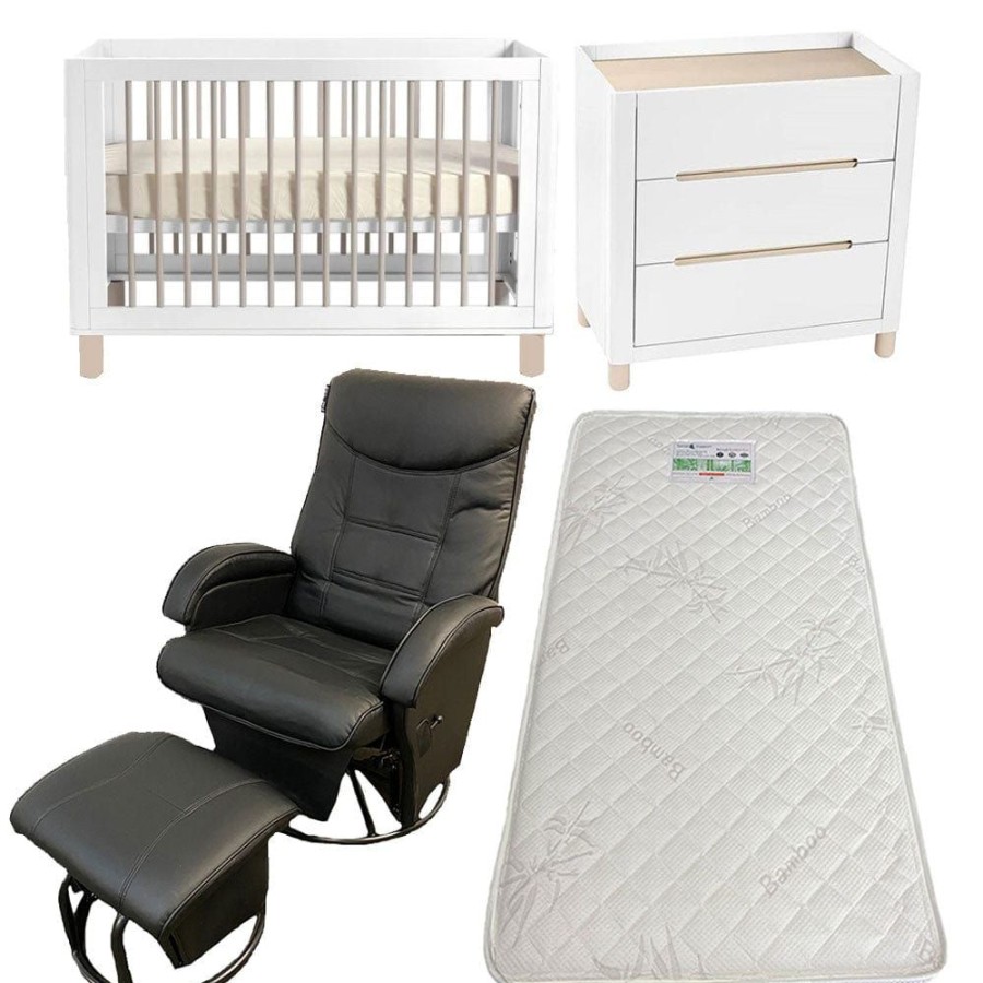 Nursery Furniture Cocoon | Cocoon Allure Cot And Dresser With Ambrosia Glider Chair + Bonnell Bamboo Mattress White/Natural Wash