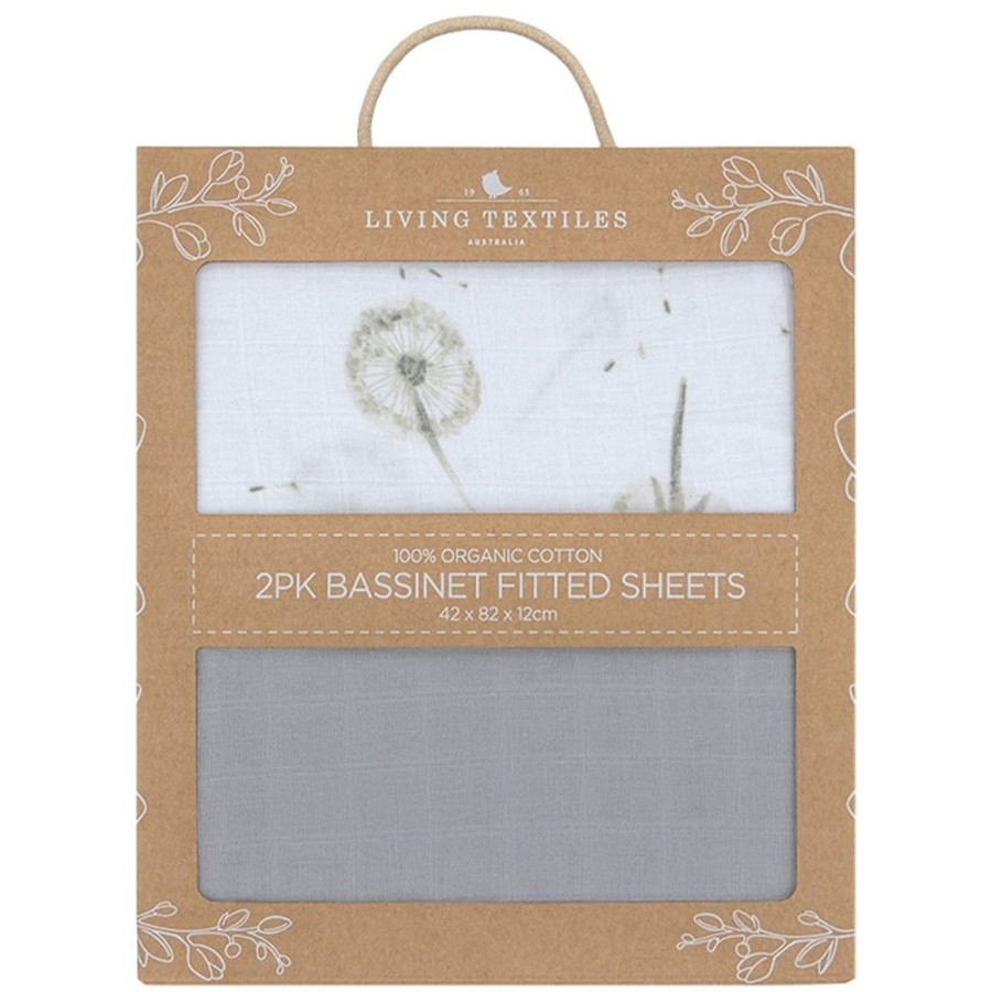 Shop Other Categories Living Textiles Bassinet & Cot Linen | Living Textiles 2-Pack Muslin Bassinet Fitted Sheet Dandelion/Grey