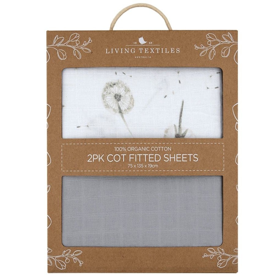 Shop Other Categories Living Textiles Bassinet & Cot Linen | Living Textiles 2-Pack Muslin Cot Fitted Sheet Dandelion/Grey