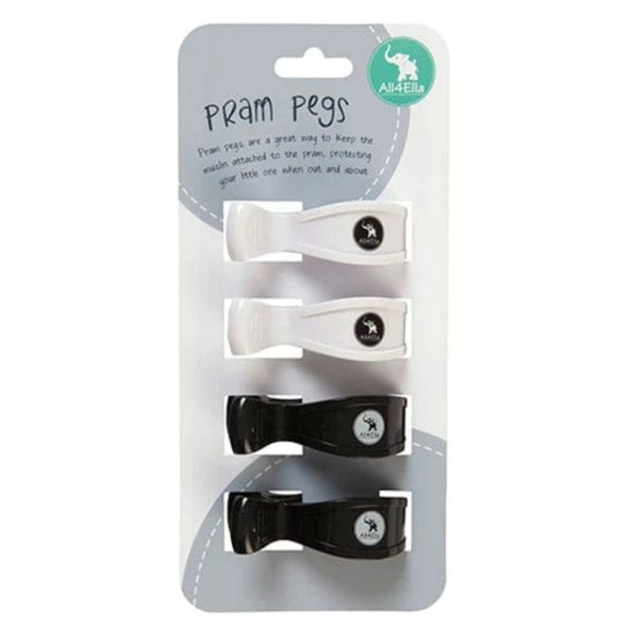 Prams & Strollers All4Ella Pram Clips & Hooks | All4Ella 4 Pack Pram Pegs White/Black