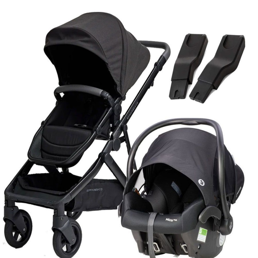 Prams & Strollers Edwards and Co | Edwards & Co Olive Pram ( ) + Mico Plus Isofix Capsule (Onyx) + Free Second Seat Kit Valued At $299 Black Luxe