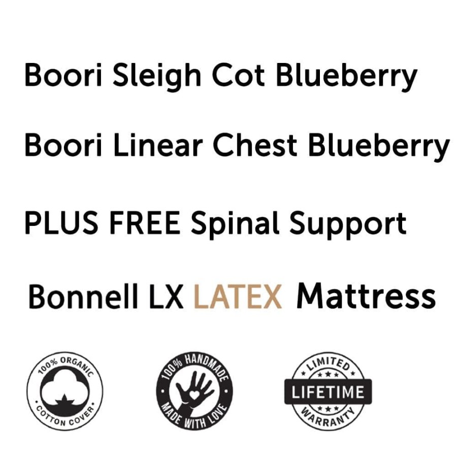 Nursery Furniture Boori | Boori Sleigh Elite Cot, Linear Chest Blueberry And Almond + Bonnell Latex Spring Mattress Package Blueberrry