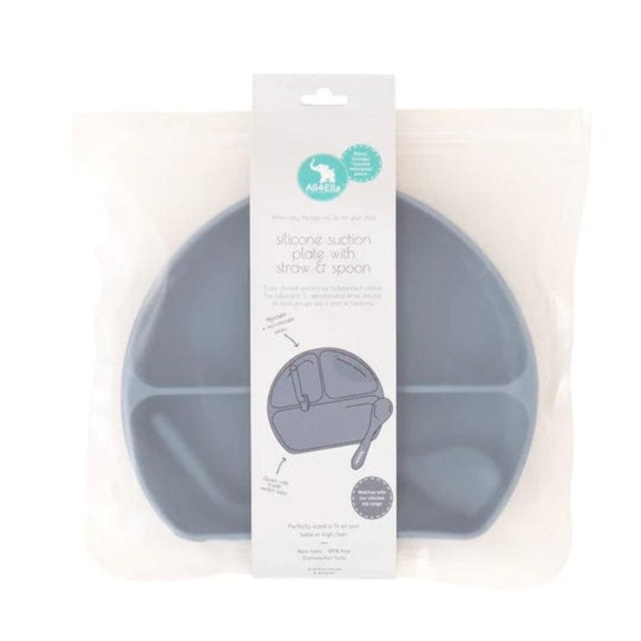 Shop Other Categories All4Ella Feeding Accessories | All4Ella Silicone Plate With Straw & Spoon Slate Blue