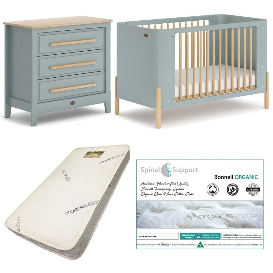 Nursery Furniture Boori | Boori Nova Cot (Blueberry And Beech) And Linear Chest (Blueberry And Almond) Package + Bonnell Organic Mattress Blueberry/Beech