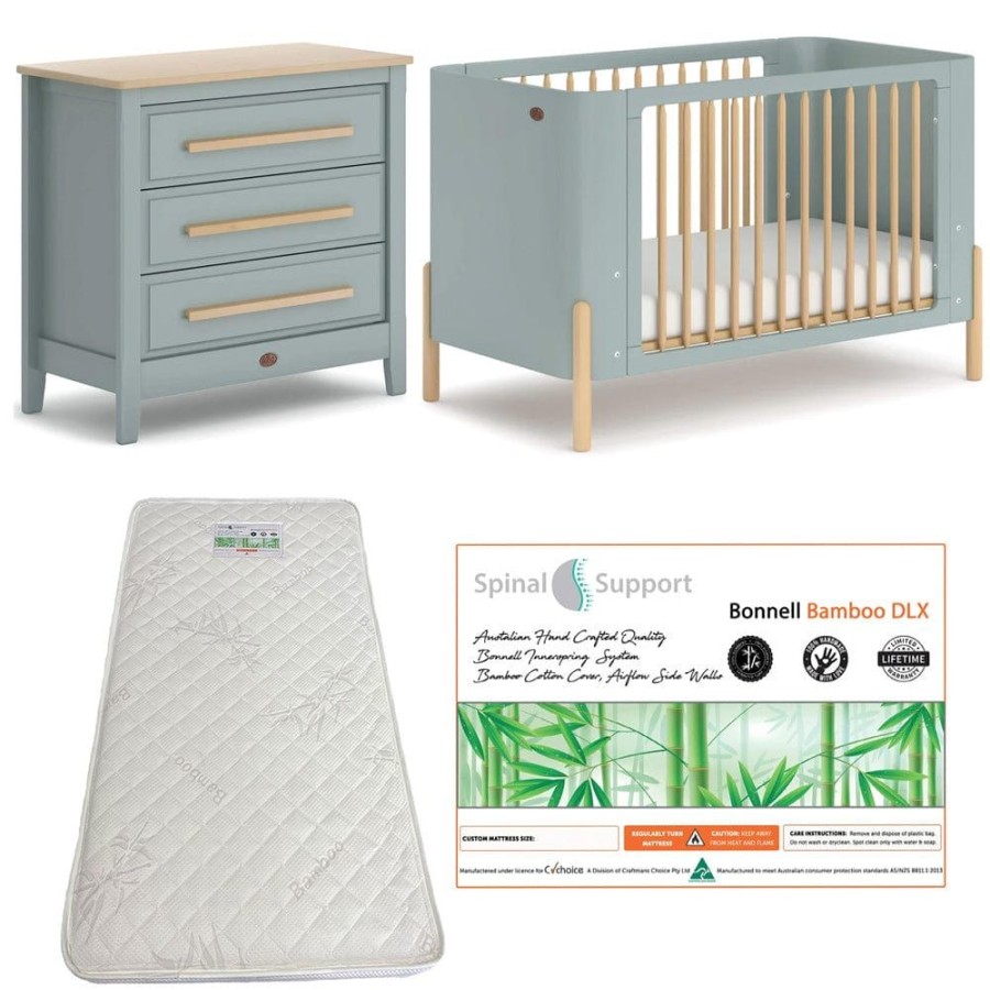 Nursery Furniture Boori | Boori Nova Cot (Blueberry And Beech) And Linear Chest (Blueberry And Almond) Package + Bonnell Bamboo Mattress Blueberry/Beech