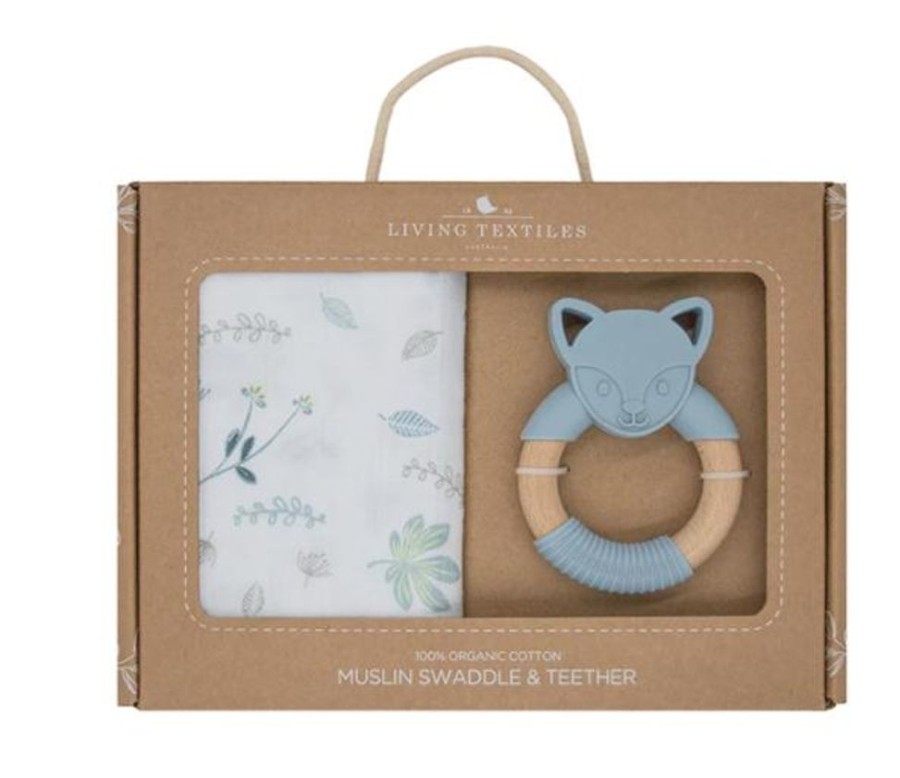 Shop Other Categories Living Textiles Baby Teethers | Living Textiles Muslin Swaddle & Teether Gift Set L Banana Leaf/Tea