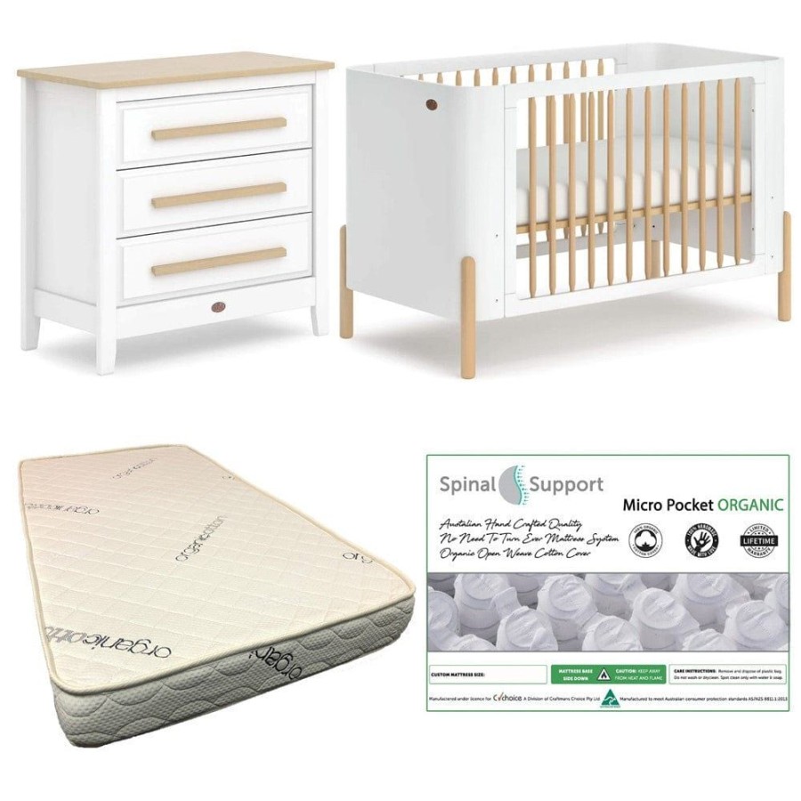 Nursery Furniture Boori | Boori Nova Cot (Barley And Beech) And Linear Chest (Barley And Almond) Package + Bonnell Organic Micro Pocket Mattress Barley/Beech