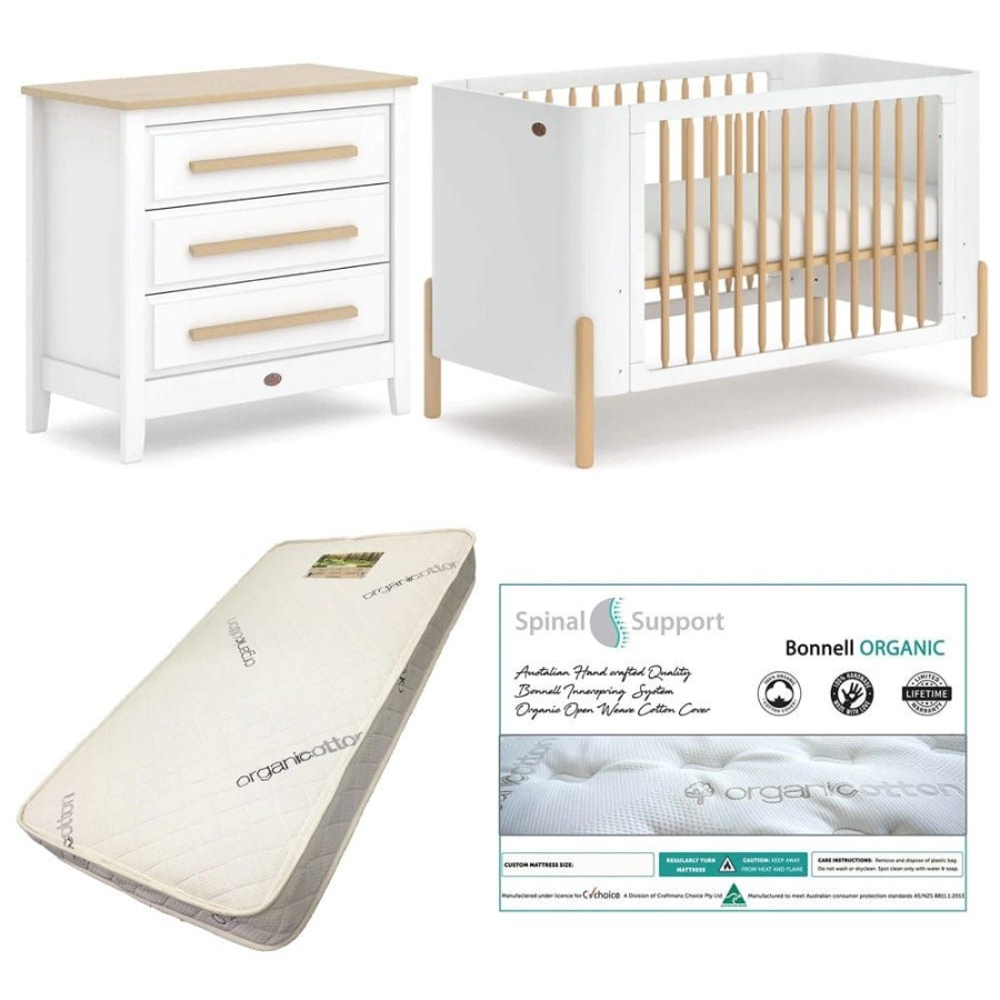 Nursery Furniture Boori | Boori Nova Cot (Barley And Beech) And Linear Chest (Barley And Almond) Package + Bonnell Organic Mattress Barley/Beech